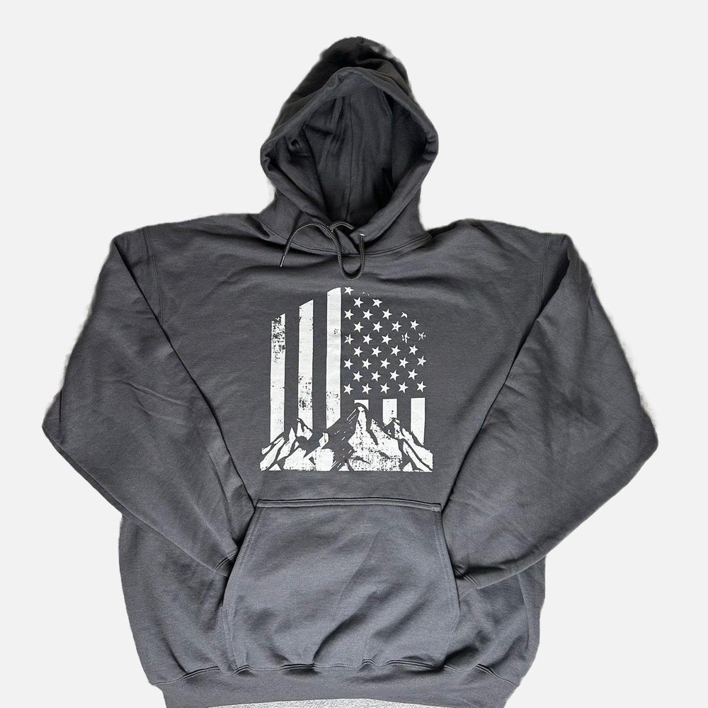 New Port & Company Gray Men XL Graphic Hoodie Pullover American Flag Mountain
